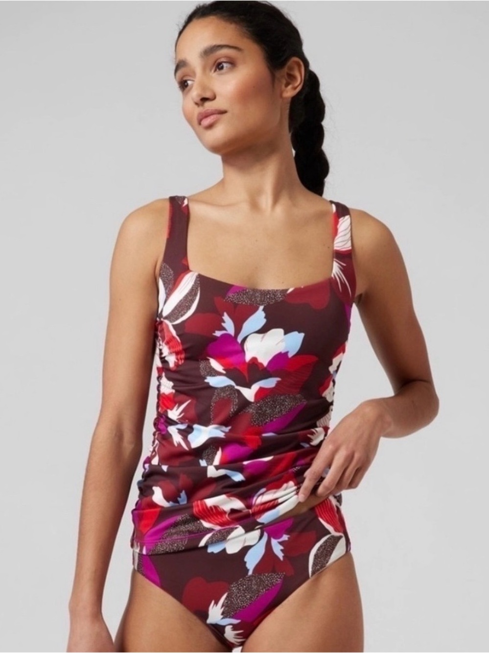 Athleta Hermosa Hero Bloom Floral Square-Neck Swim Tankini Burgundy Sz Sm 34B/C